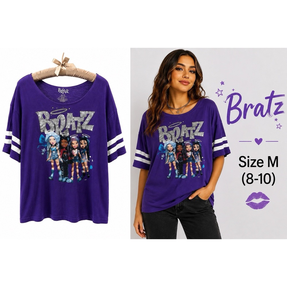 Bratz Graphic Tee Women's Size M (8-10) Purple Y2K Oversized Short Sleeve Shirt